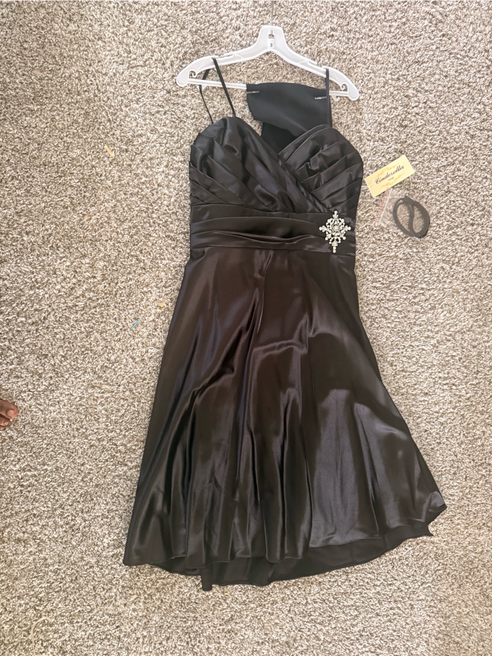 Black Satin Strapless Cocktail Dress with Rhinestone Brooch